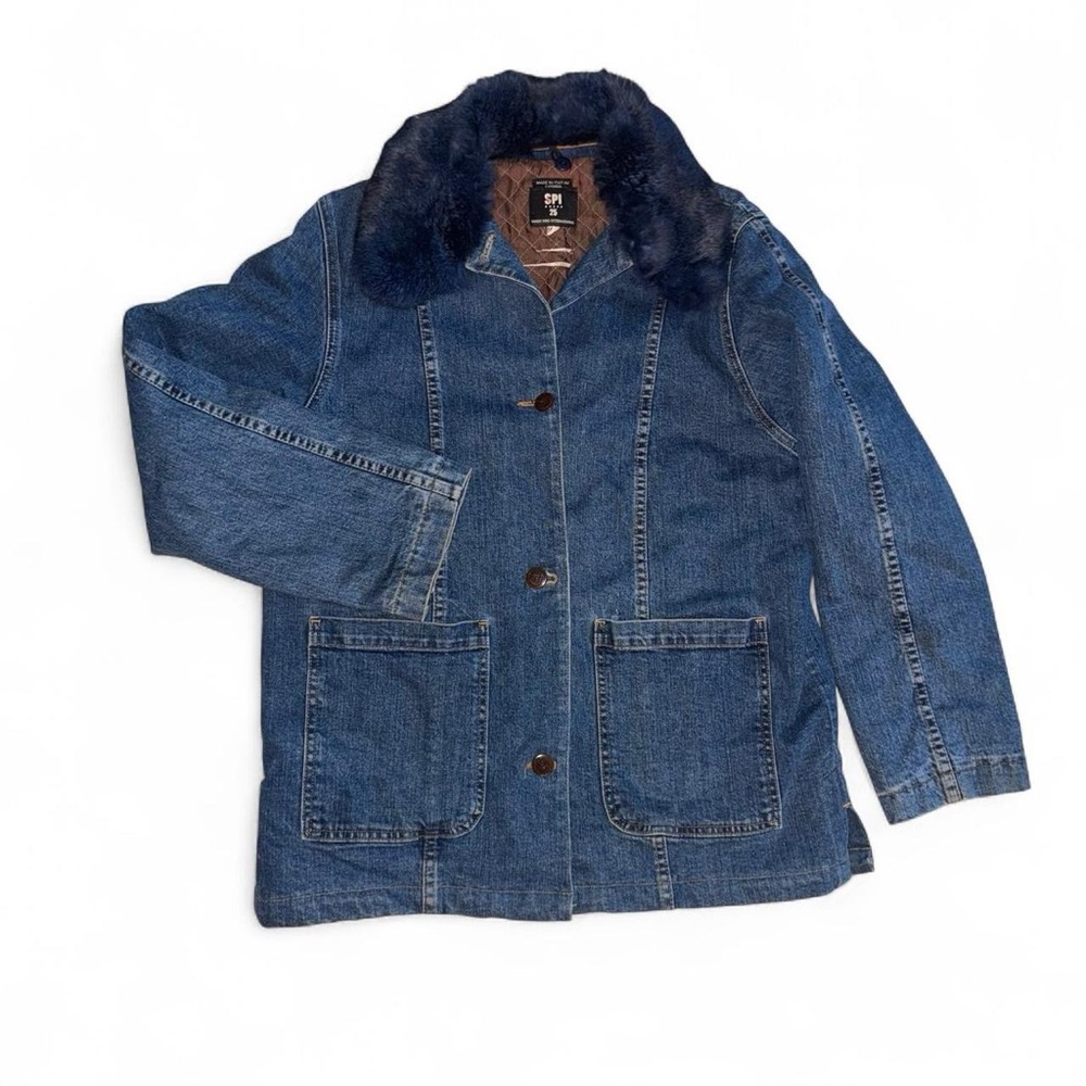 Amazing vintage SPI oversized denim jacket with blue fur trim